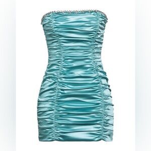 AREA Blue Ruched Strapless Dress